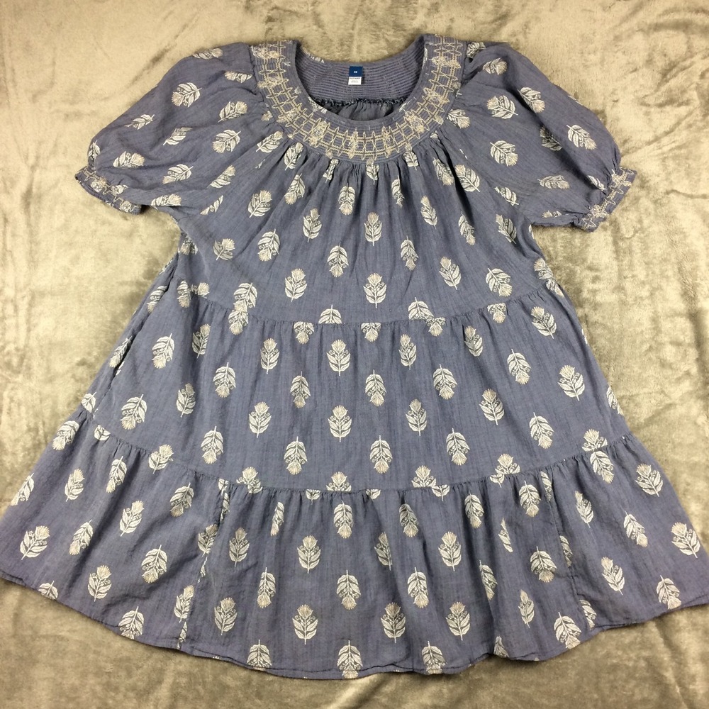 Old Navy Dress 2X‎ Tiered Blue Flowers Midi Puff Sleeve Smocked Pockets Summer